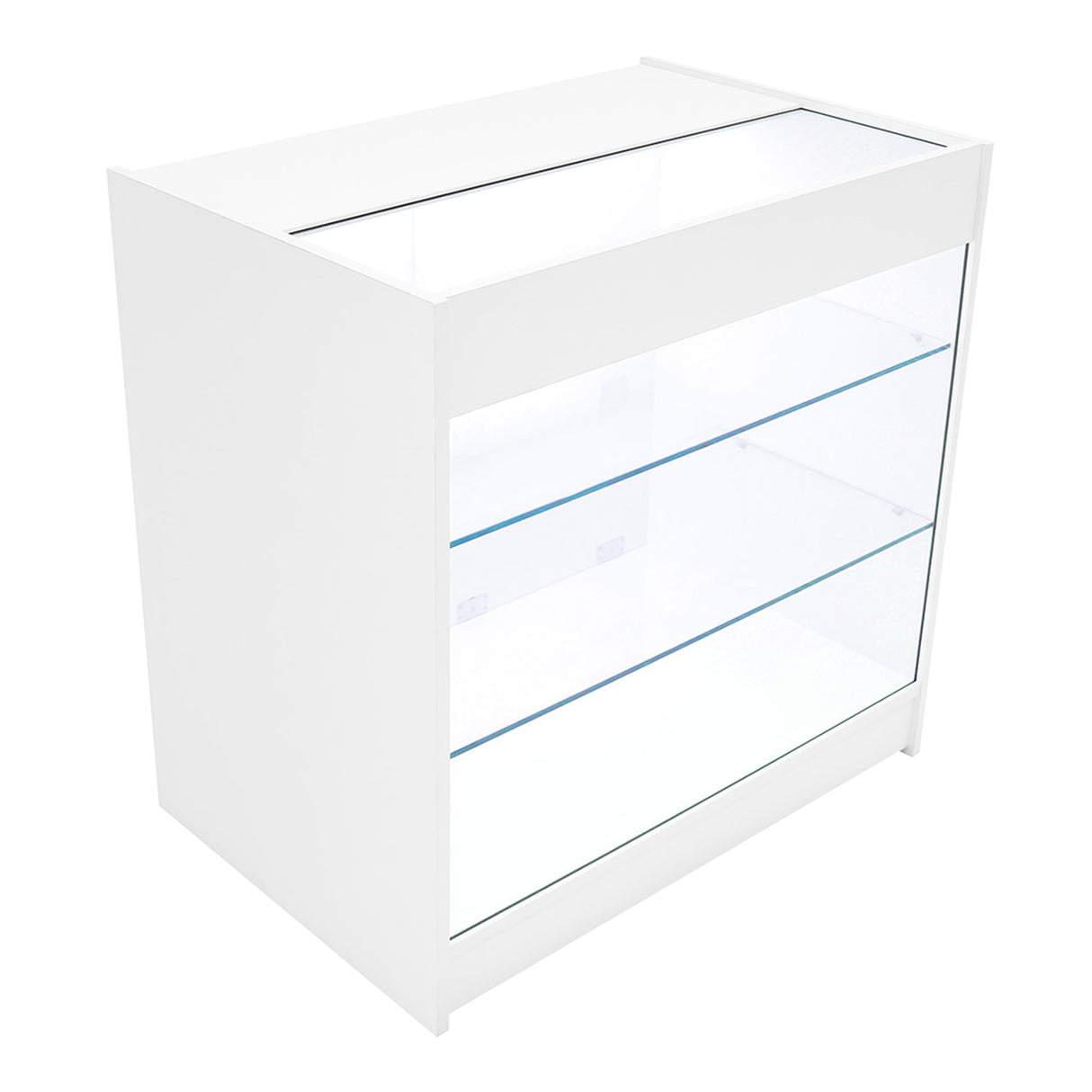 Set banconi negozio Polaris in bianco, con struttura in legno e ripiani in vetro trasparente, design moderno e luminoso