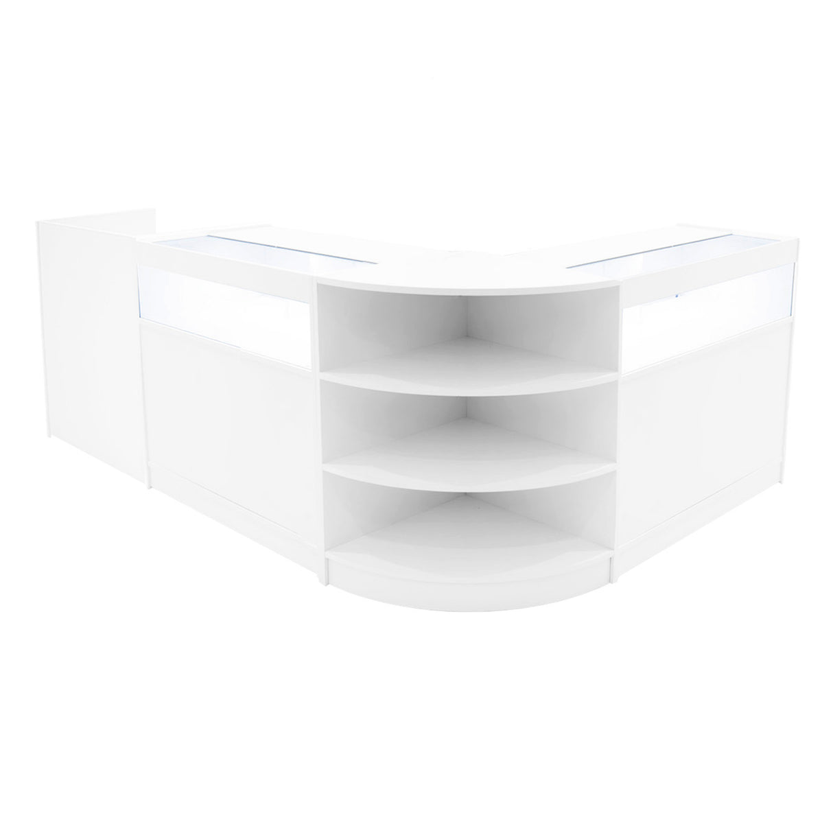 Set banconi LED Sagittarius in bianco, design moderno con ripiani curvi e superficie lucida, perfetto per esposizioni eleganti