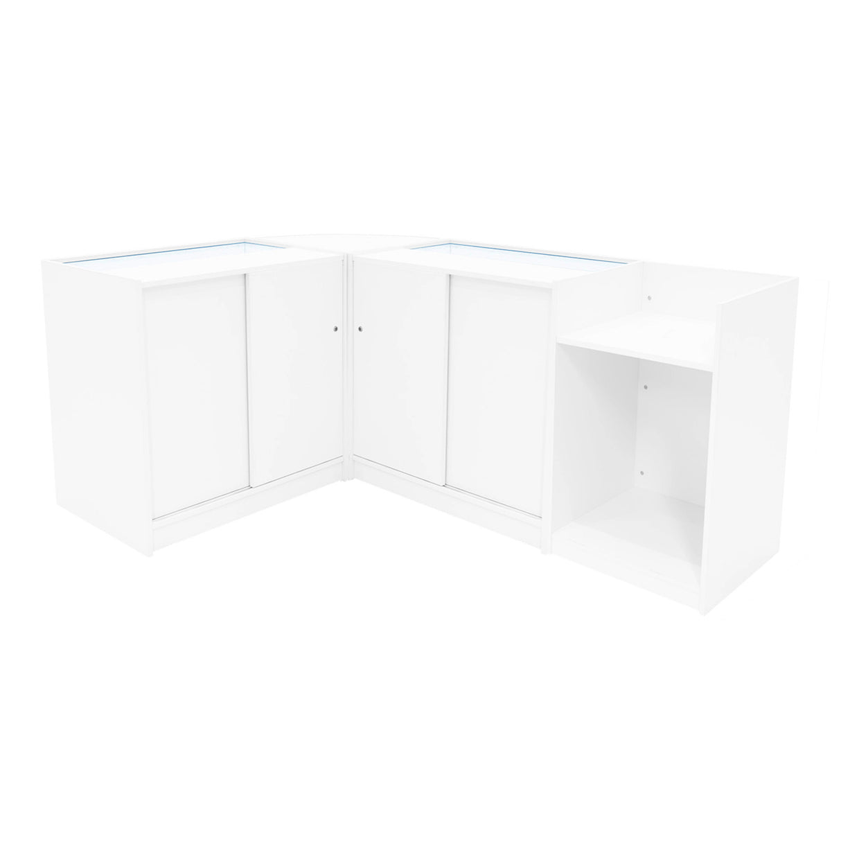 Set di banconi angolari LED Sagittarius in bianco, con finitura liscia e ante scorrevoli, ideale per spazi moderni e funzionali