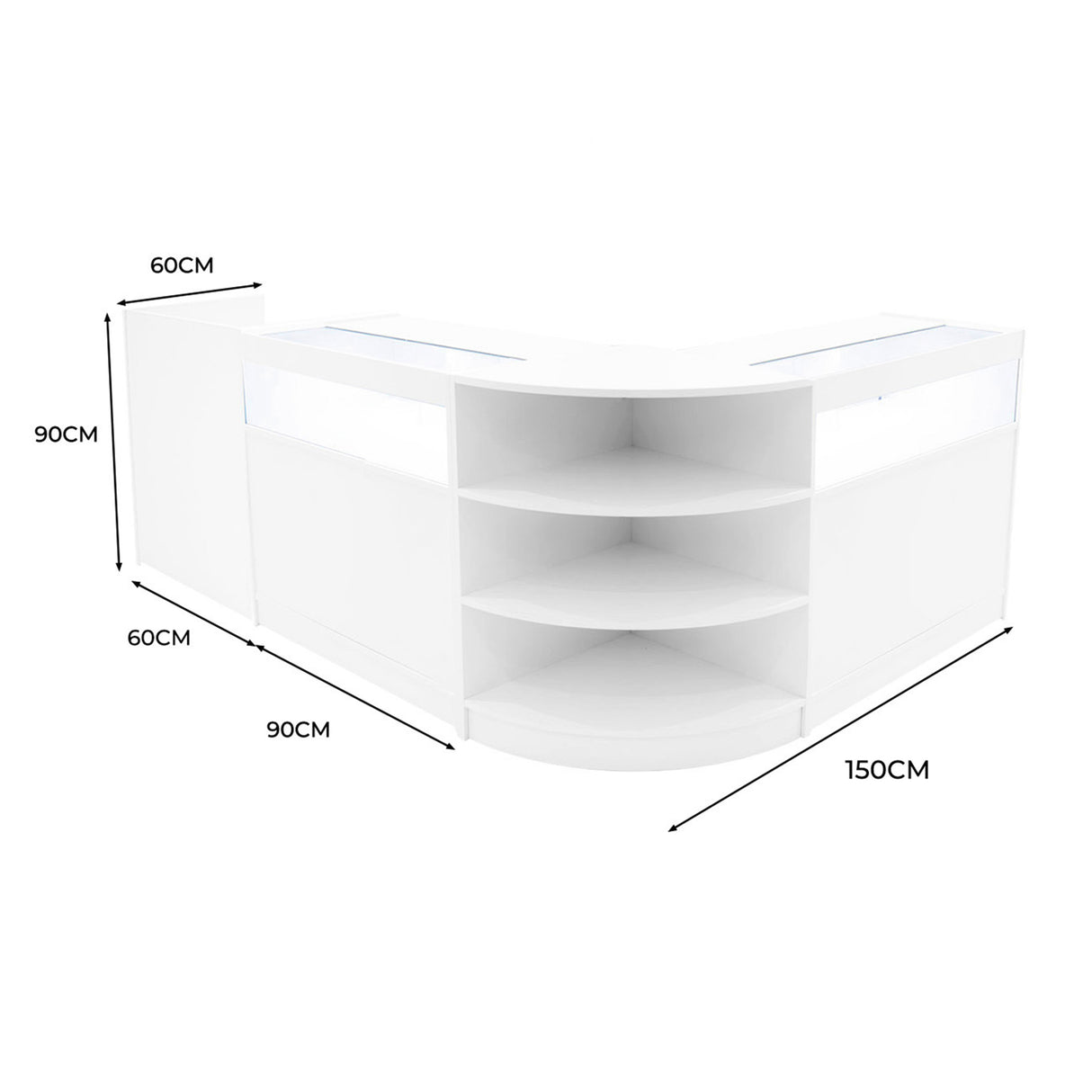 Set banconi LED bianco con angolo curvo, mensole interne, dimensioni 150x90x90 cm, design moderno e luminoso per spazi commerciali
