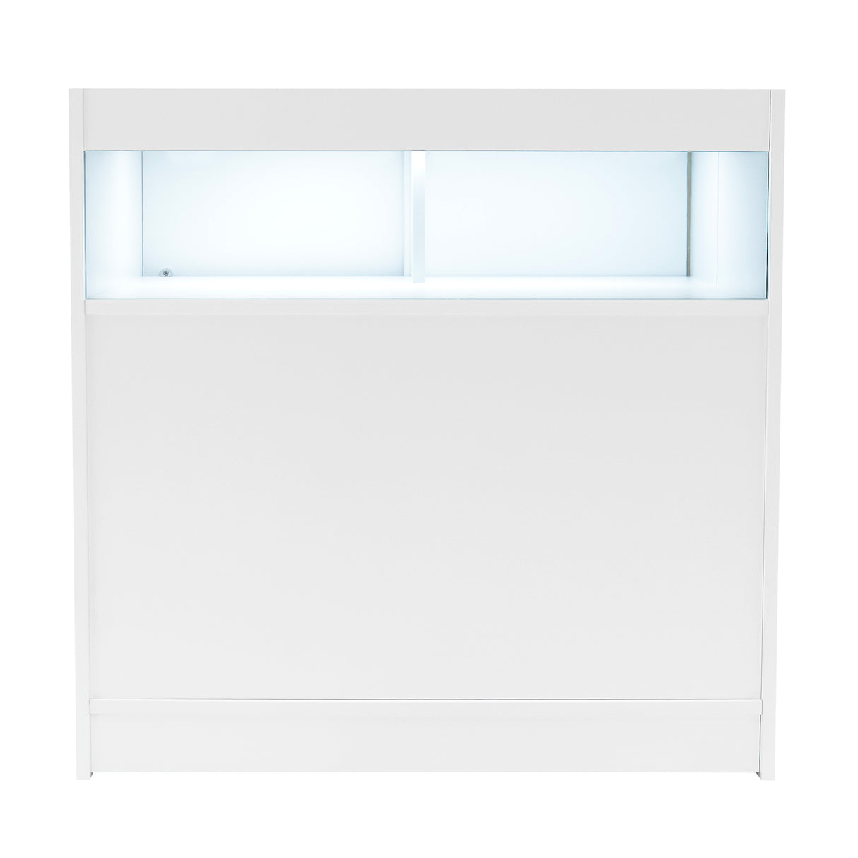 Set di banconi LED bianchi Sagittarius, con finitura liscia, illuminazione interna e design moderno, ideale per spazi commerciali
