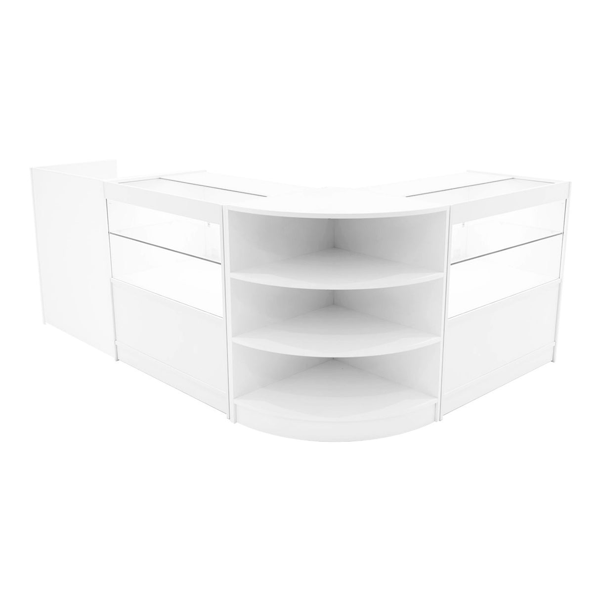 Set di banconi curvi bianchi con illuminazione LED, dotati di ripiani trasparenti e finitura lucida, ideale per esposizioni eleganti