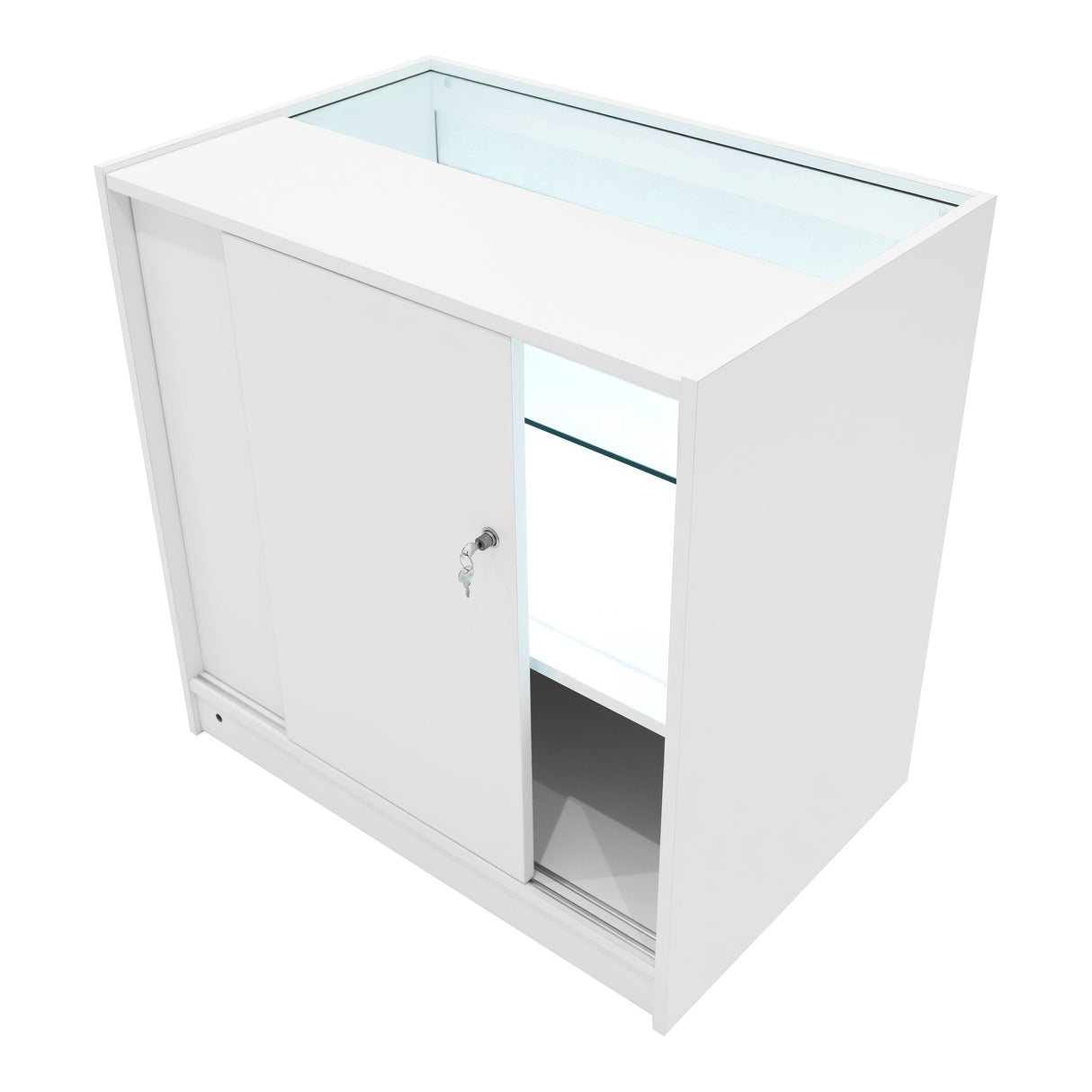 Bancone bianco con illuminazione LED, ante scorrevoli in vetro, superficie liscia e moderna, ideale per esposizione e vendita