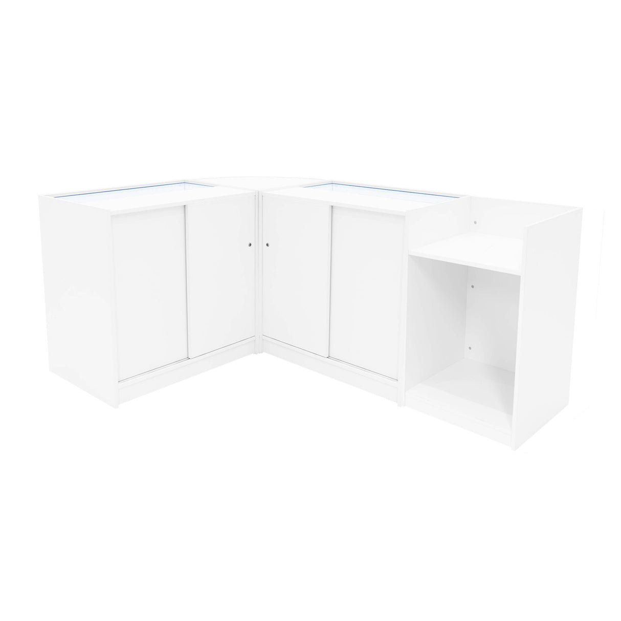 Set di banconi angolari bianchi con illuminazione LED, design moderno, ante scorrevoli e ripiani per un'ottima organizzazione