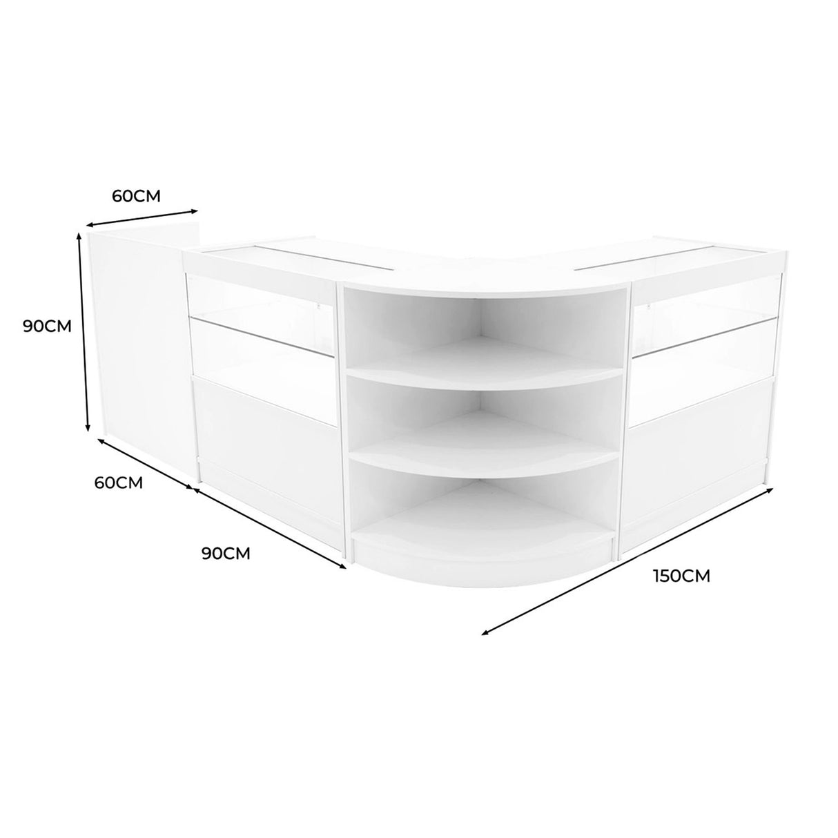 Set banconi angolari bianchi con illuminazione LED, design moderno, dimensioni 150x90x90 cm, superfici lisce e trasparenti