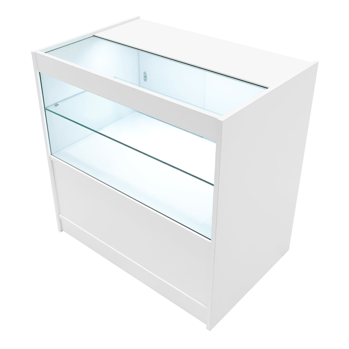 Bancone bianco con illuminazione LED, superficie liscia e vetro trasparente, design moderno e minimalista, ideale per esposizione prodotti