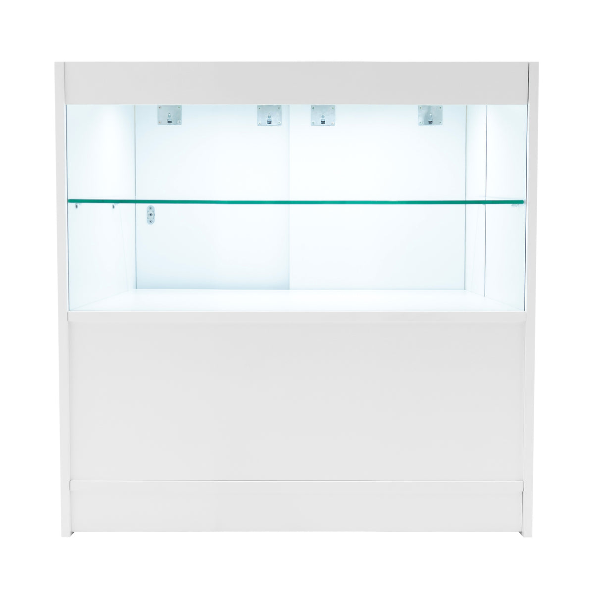Bancone bianco con illuminazione LED, ripiano in vetro trasparente, design moderno e pulito, ideale per esposizioni eleganti