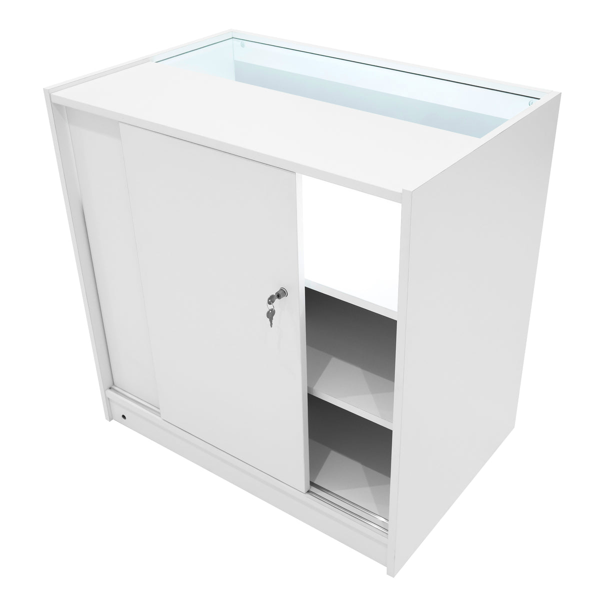 Bancone bianco con illuminazione LED, ante scorrevoli, ripiani interni e chiave per chiusura, design moderno e funzionale