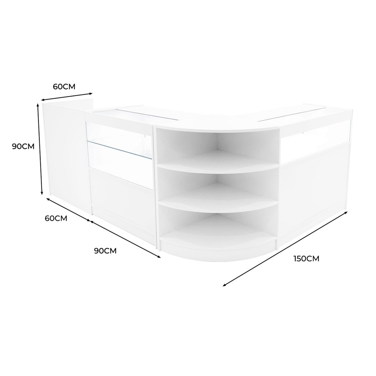 Set di banconi curvi bianchi con illuminazione LED, dotati di ripiani trasparenti e misure di 150x90x90 cm, ideale per esposizioni