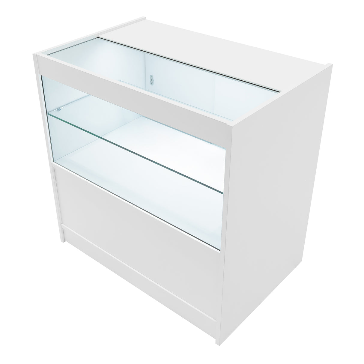 Bancone bianco con illuminazione LED, struttura elegante e moderna, ripiani in vetro trasparente per esposizione prodotti