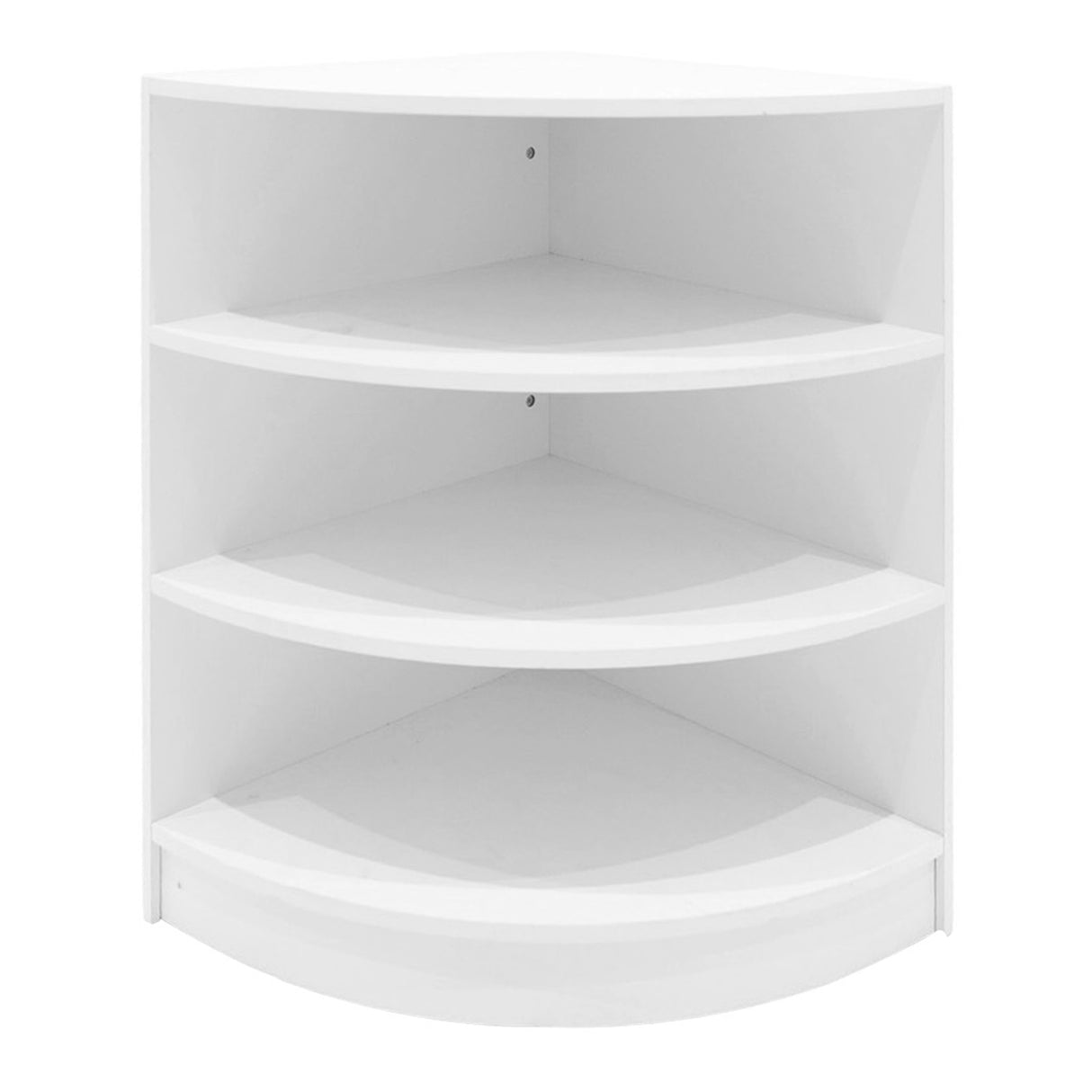 Set di banconi angolari bianchi con quattro ripiani, design moderno e pulito, ideale per spazi con illuminazione LED integrata