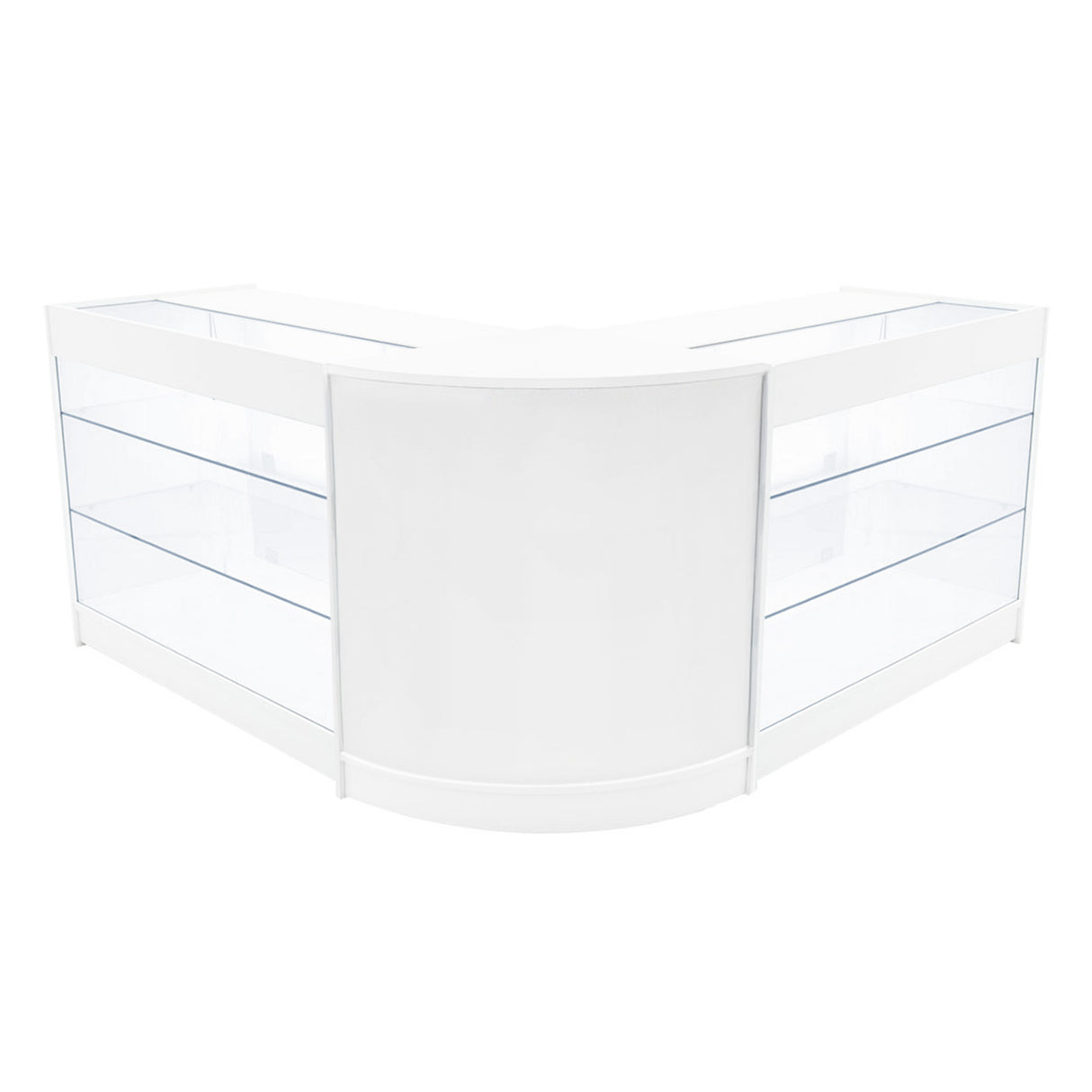 Set banconi Helios angolare bianco con illuminazione LED, design moderno, superfici lisce e trasparenti, ideale per esposizione prodotti