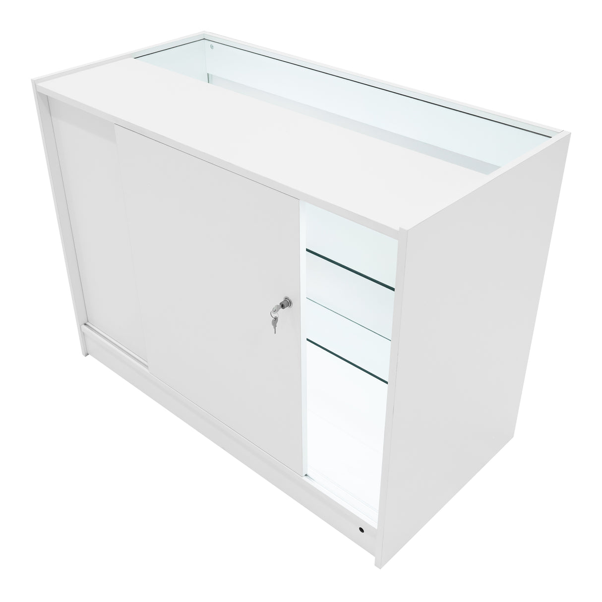 Set di banconi Helios bianchi con illuminazione LED, design moderno, ante scorrevoli e ripiani in vetro trasparente per un aspetto elegante