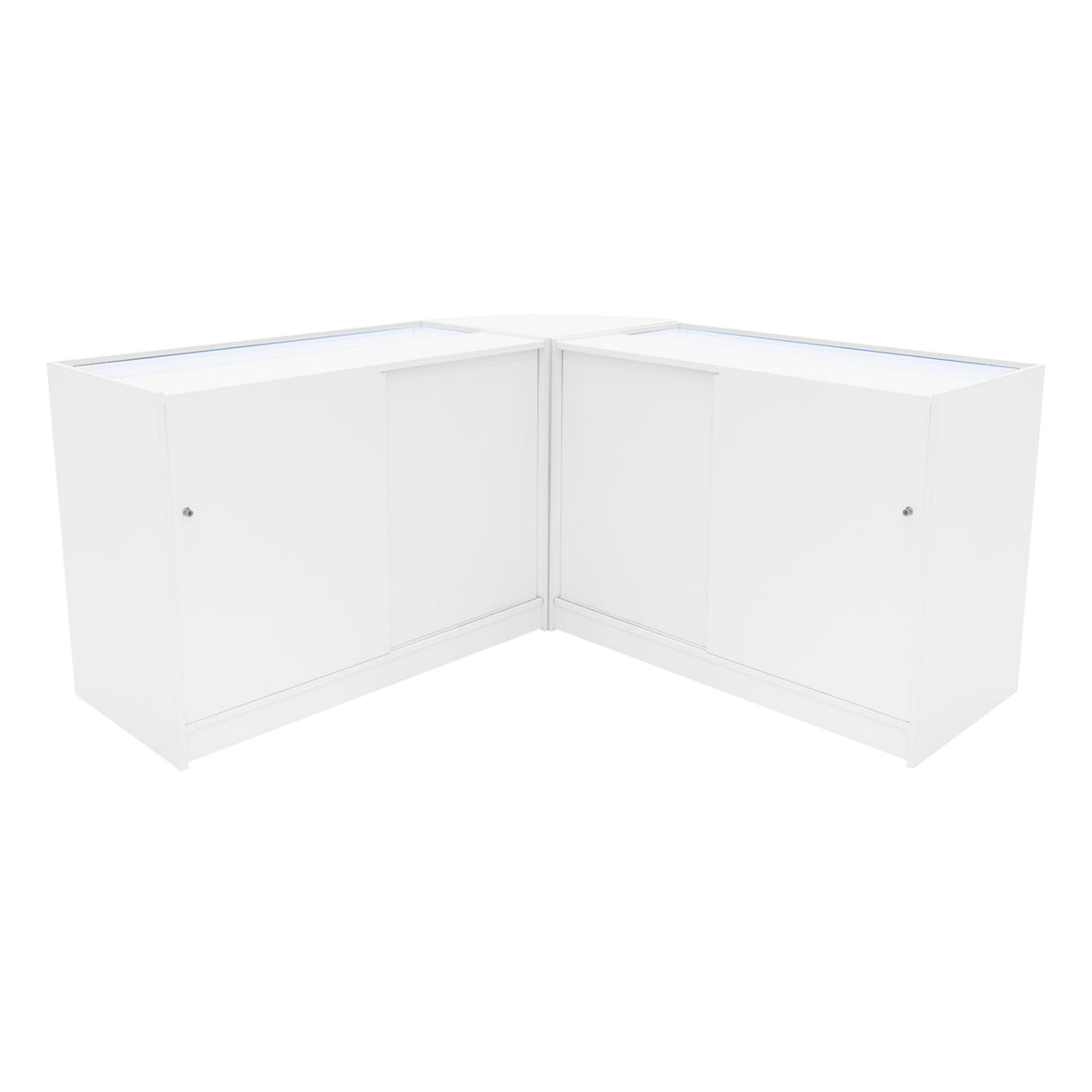 Set di banconi angolari Helios in bianco con illuminazione LED, design moderno e finitura liscia, ideale per esposizioni e negozi