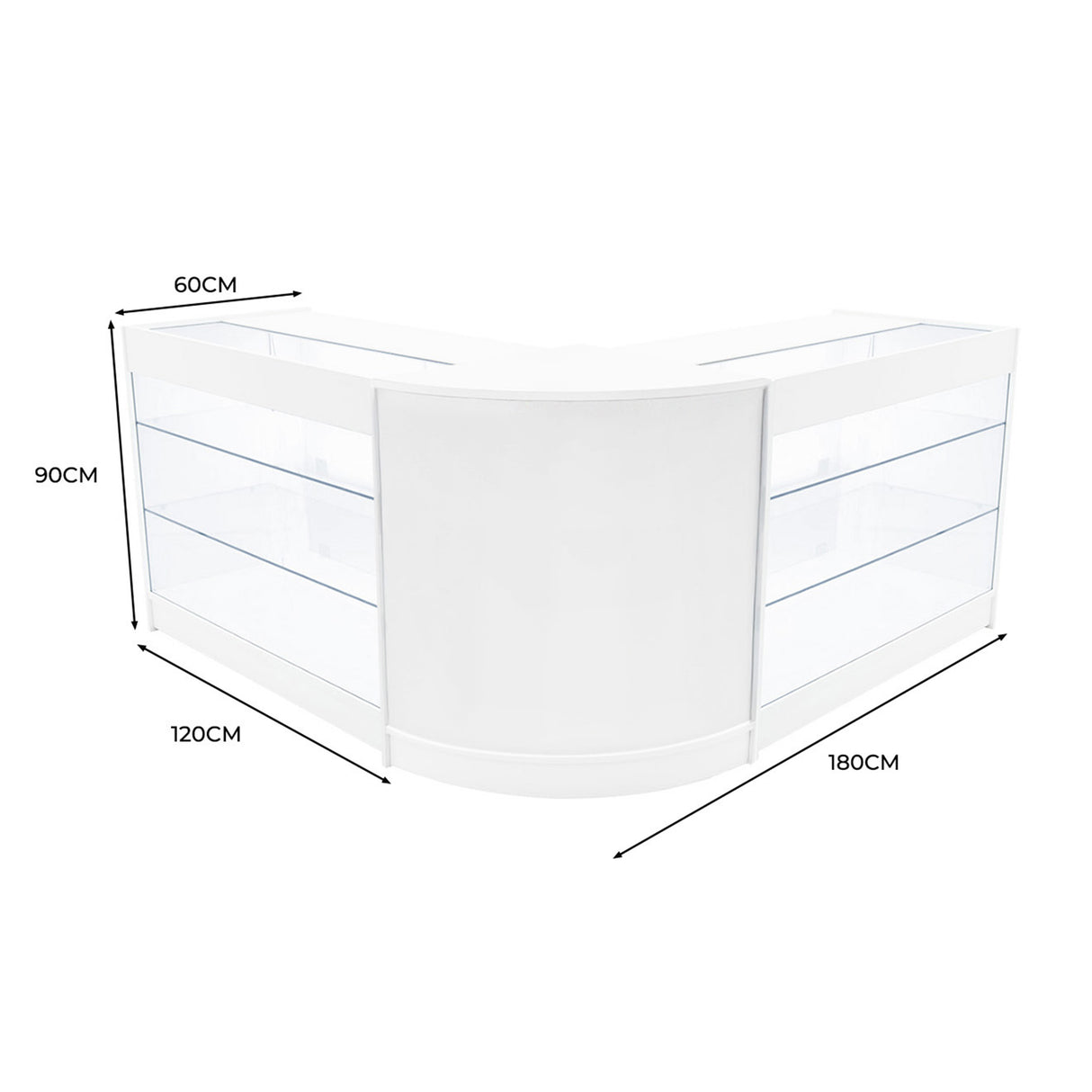 Set banconi Helios angolare bianco con illuminazione LED, vetro trasparente, linee moderne e dimensioni 120x180 cm, altezza 90 cm