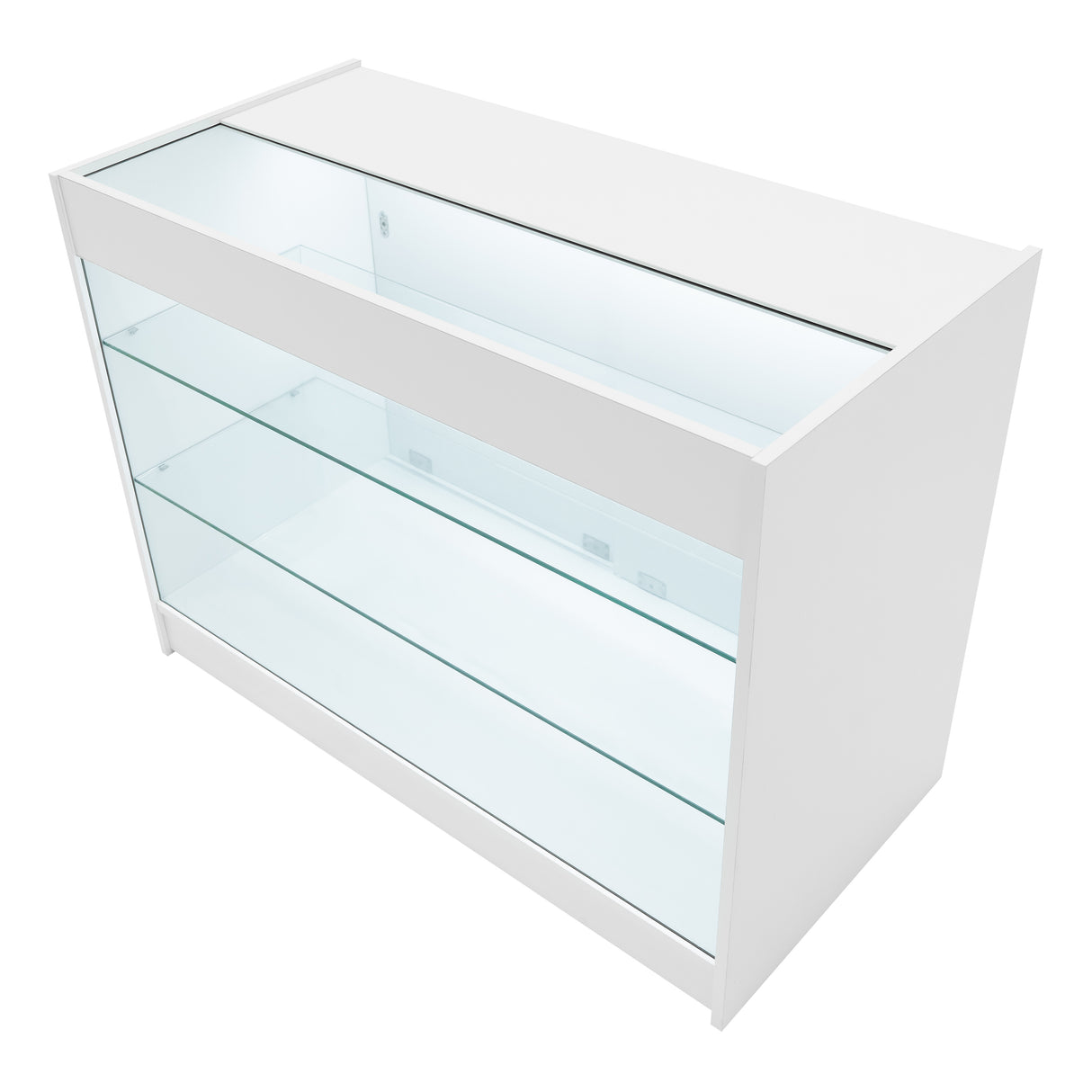 Set banconi Helios bianco con illuminazione LED, design moderno, superficie liscia, ripiani in vetro trasparente, angolare e funzionale