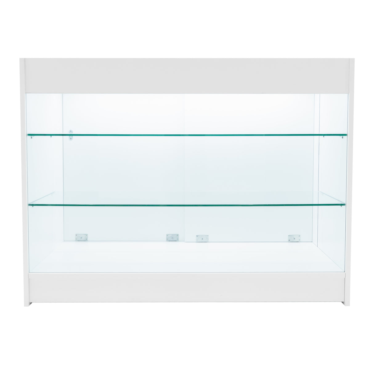 Set banconi Helios bianco con illuminazione LED, ripiani in vetro trasparente, design moderno e angolare, ideale per esposizione prodotti