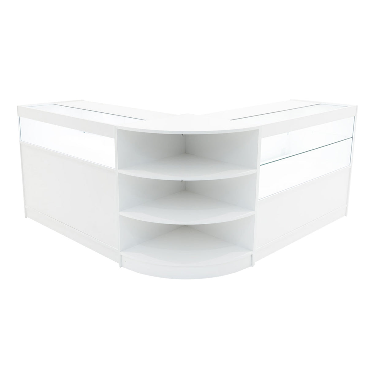 Set banconi LED Harmonia in bianco, design angolare con ripiani aperti e vetri trasparenti per esposizione elegante e moderna