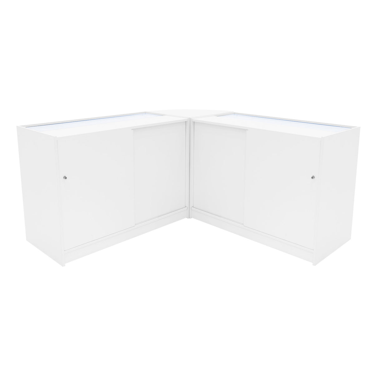 Set di banconi LED Harmonia in bianco, design angolare elegante con finitura liscia e ante scorrevoli per un aspetto moderno