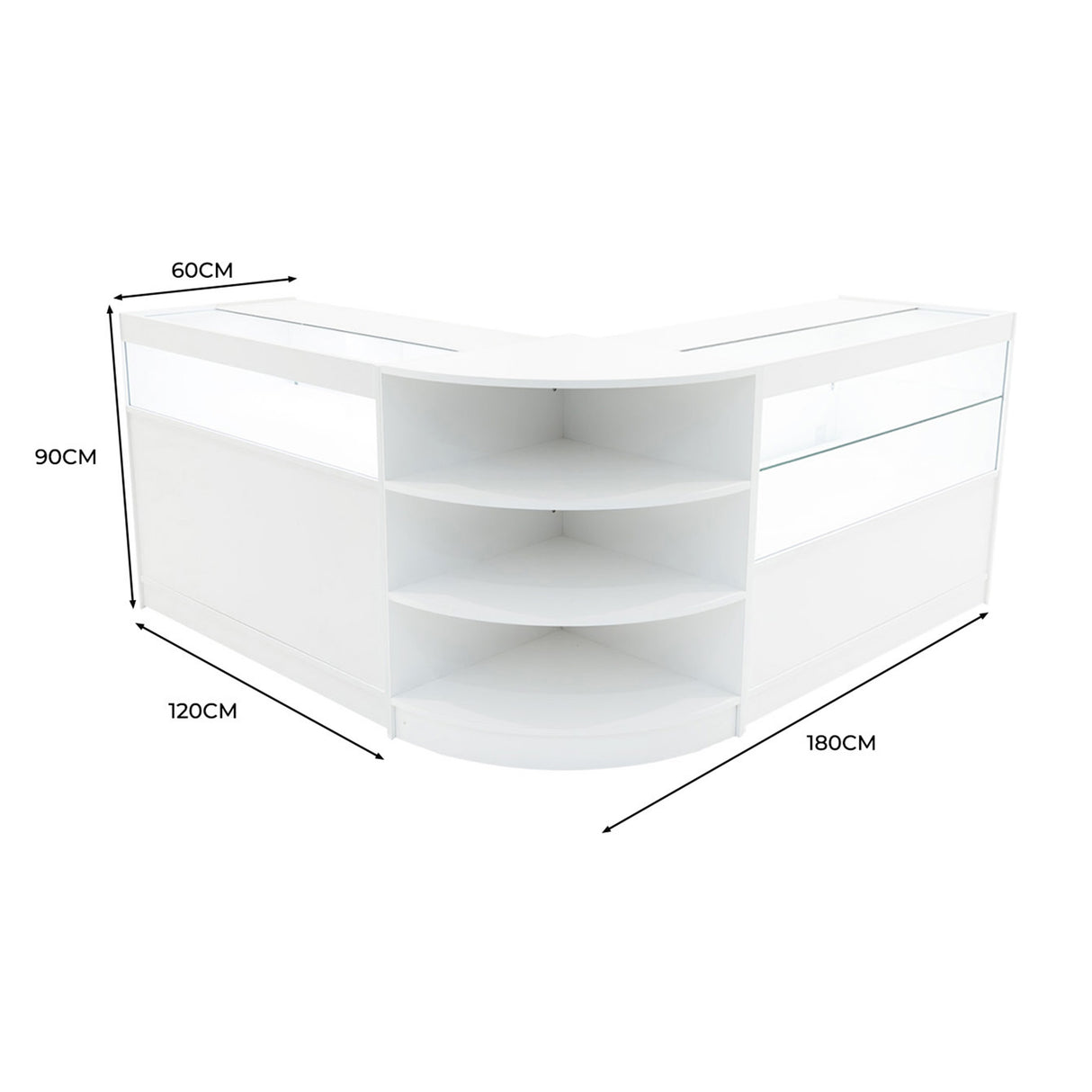 Set banconi LED Harmonia in bianco, design angolare con ripiani aperti, misure 180x120x90 cm, superficie liscia e moderna