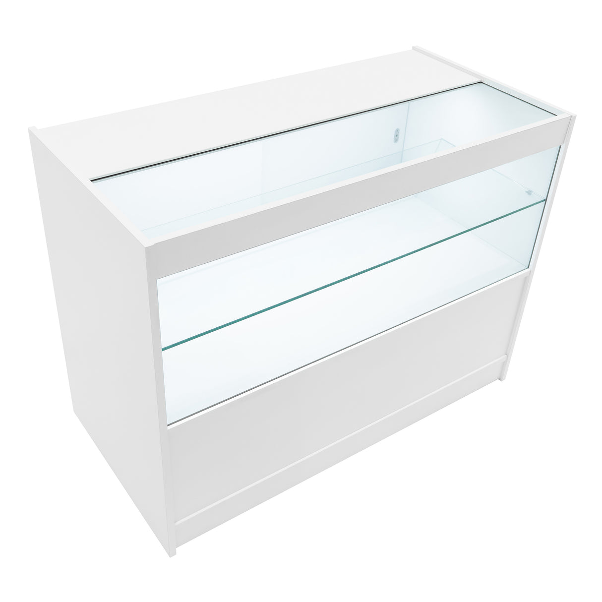 Bancone LED Harmonia B1200, C1200 e LM60 in bianco, con struttura elegante, vetro trasparente e illuminazione LED integrata
