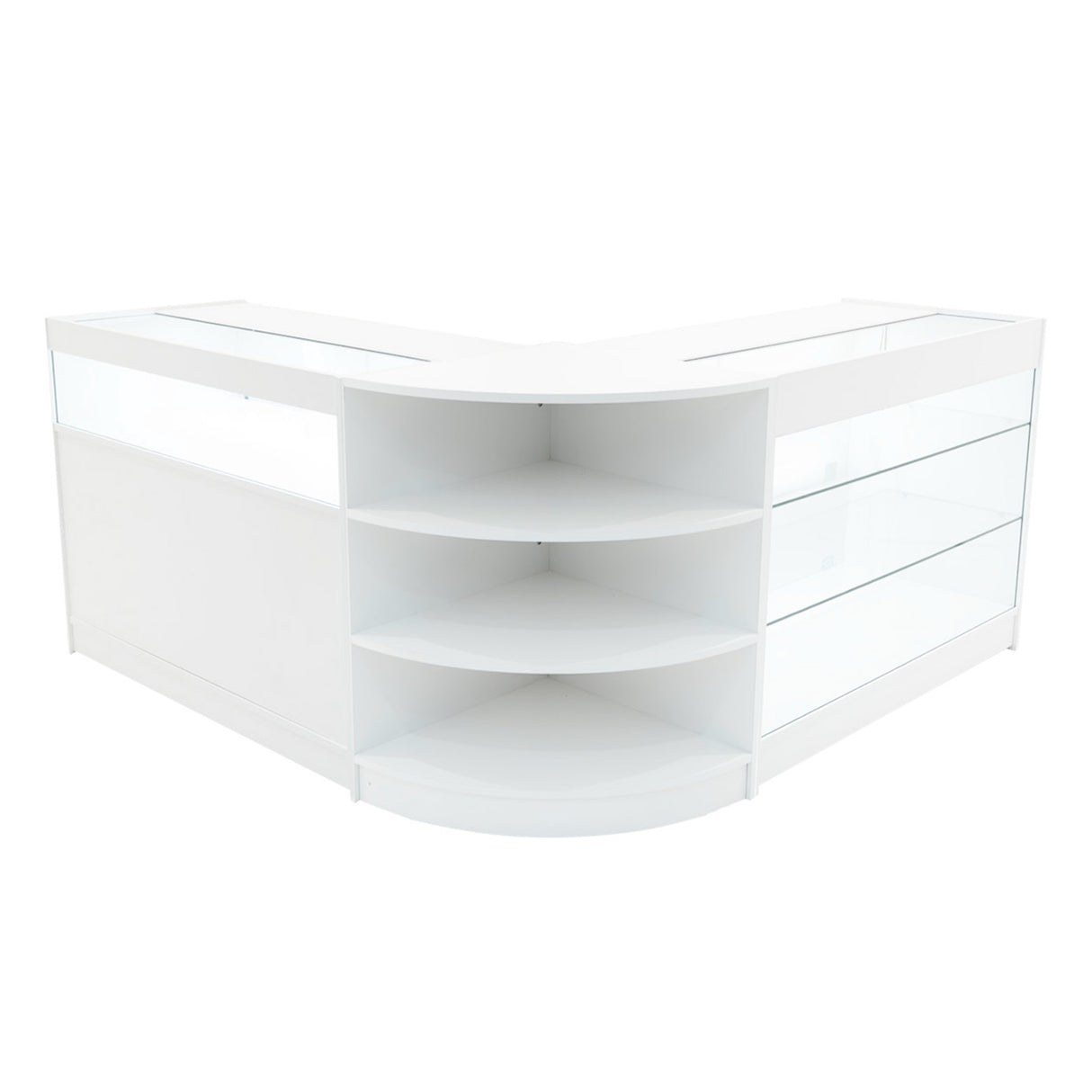 Set banconi LED Demeter in bianco, design moderno con ripiani curvi e pannelli in vetro, ideale per esposizione e vendita