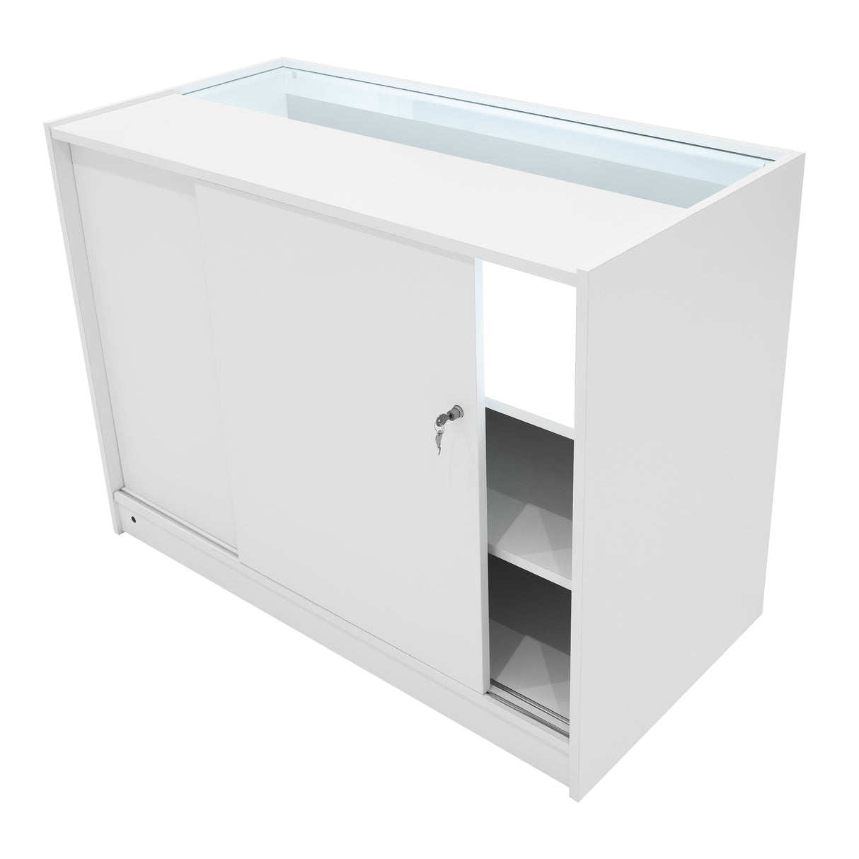 Set banconi LED Demeter in bianco, con ante scorrevoli, ripiani interni e piano in vetro, ideale per esposizione e arredamento moderno