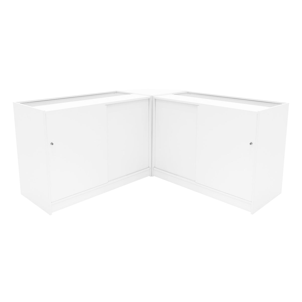 Set banconi LED Demeter K1200 e B1200 in bianco, design moderno con finitura liscia e ante scorrevoli per un aspetto elegante e funzionale