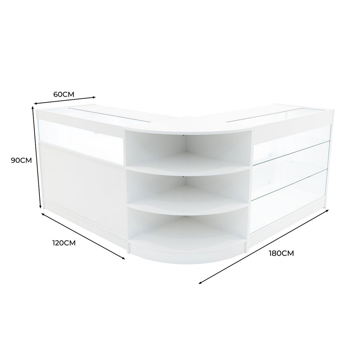 Bancone LED Demeter in bianco, design angolare con ripiani in vetro, misure 180x120x90 cm, ideale per esposizione e vendita