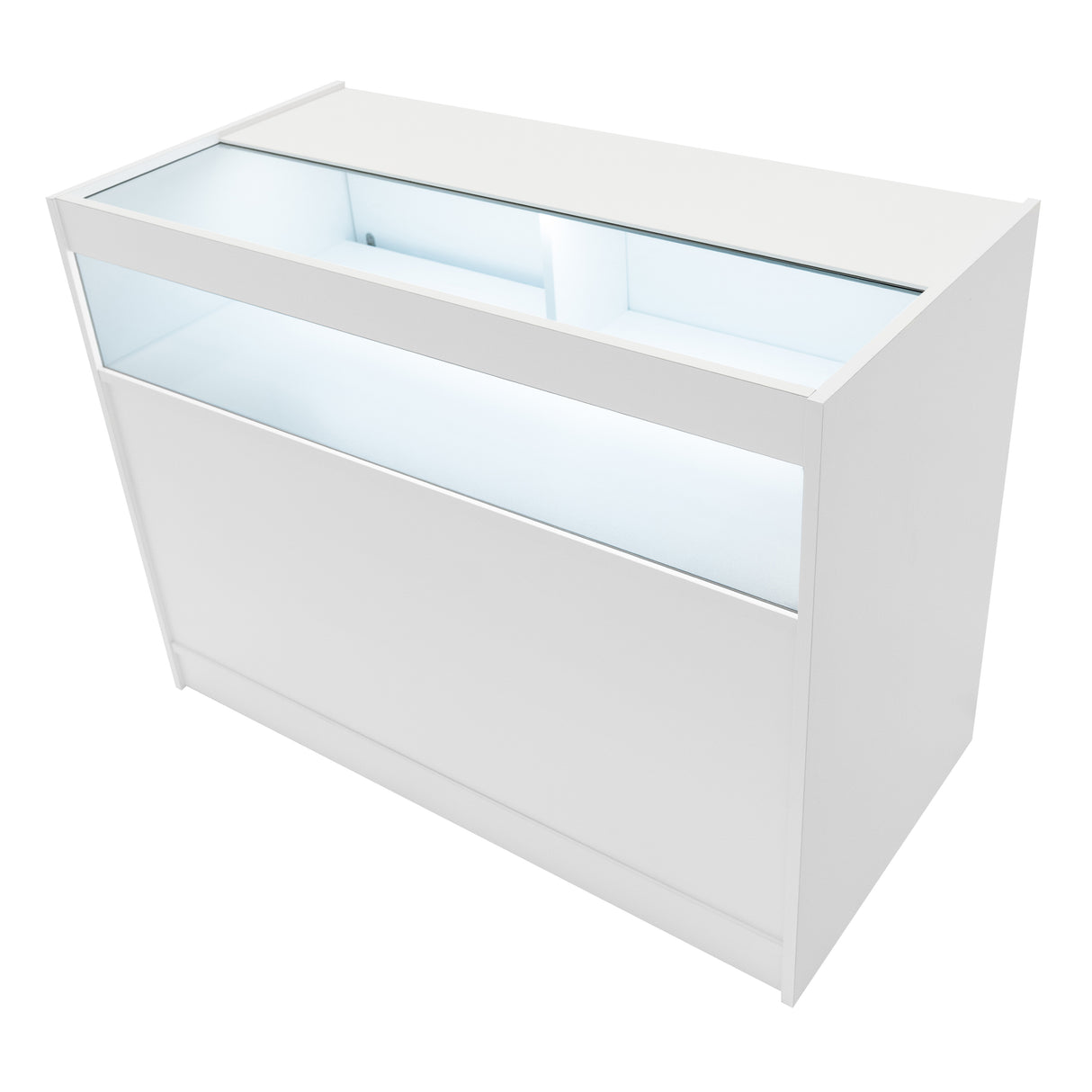 Bancone LED Demeter in bianco, design moderno, superficie liscia, illuminazione interna blu, ideale per negozi e esposizioni