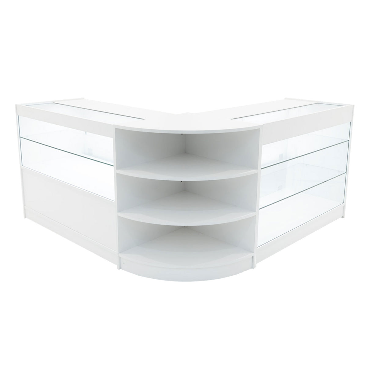 Set banconi negozio Calliope in bianco, con ripiani curvi e vetri trasparenti, ideale per esposizione di prodotti in modo elegante
