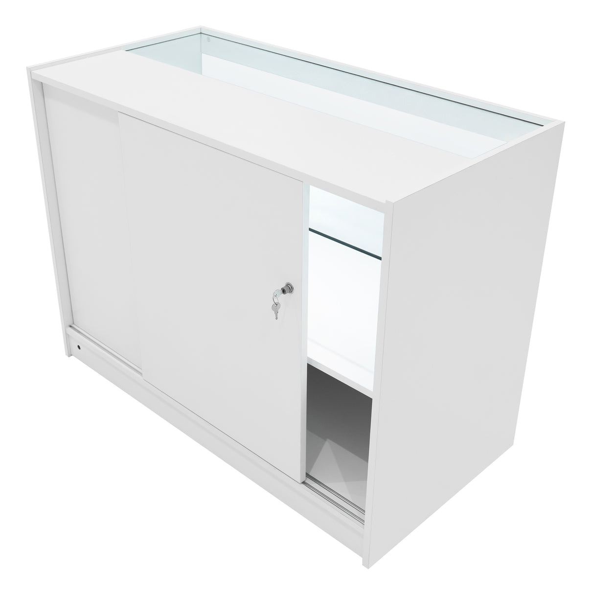 Set banconi negozio Calliope in bianco, con ante scorrevoli, vetro trasparente e illuminazione LED, design moderno e funzionale