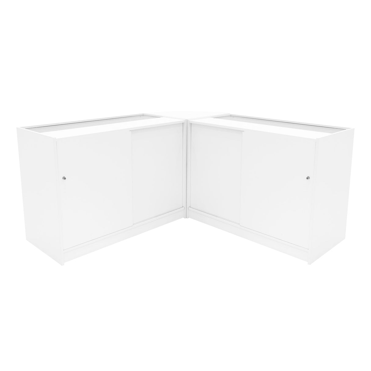 Set banconi negozio Calliope in bianco, angolari, con finitura liscia e ante scorrevoli, ideale per esposizione e arredamento commerciale