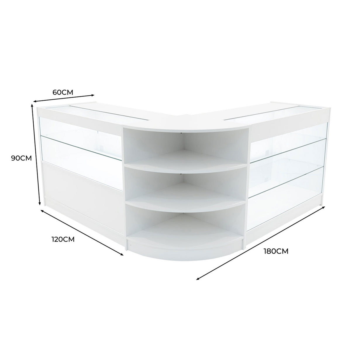 Bancone negozio Calliope in bianco, con ripiani curvi, illuminazione LED, dimensioni 180x120x90 cm, design moderno e elegante