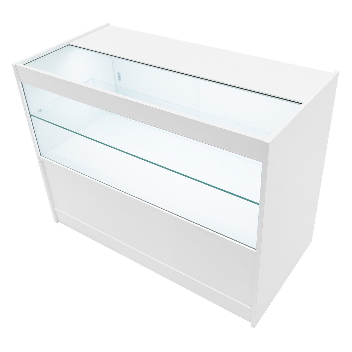 Bancone negozio Calliope LED K1200, C1200 & LM60 in bianco, con superficie liscia e ripiani in vetro trasparente per esposizione prodotti