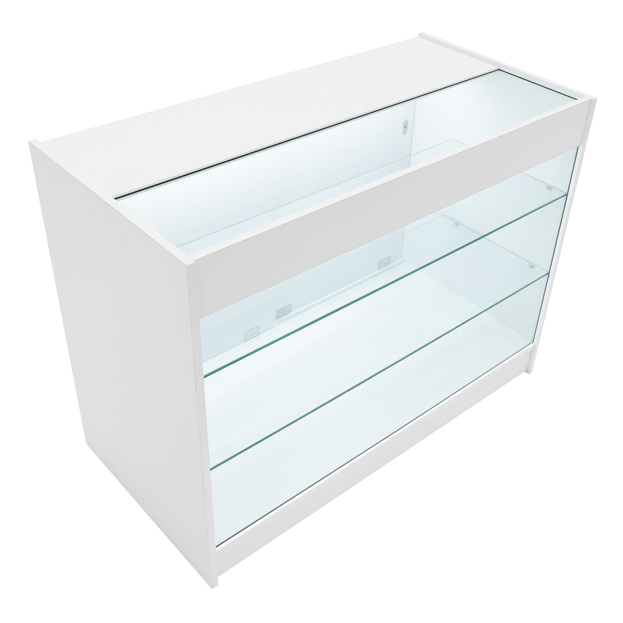 Bancone negozio Calliope LED K1200 in bianco, con ripiani in vetro trasparente e illuminazione interna, design moderno e minimalista