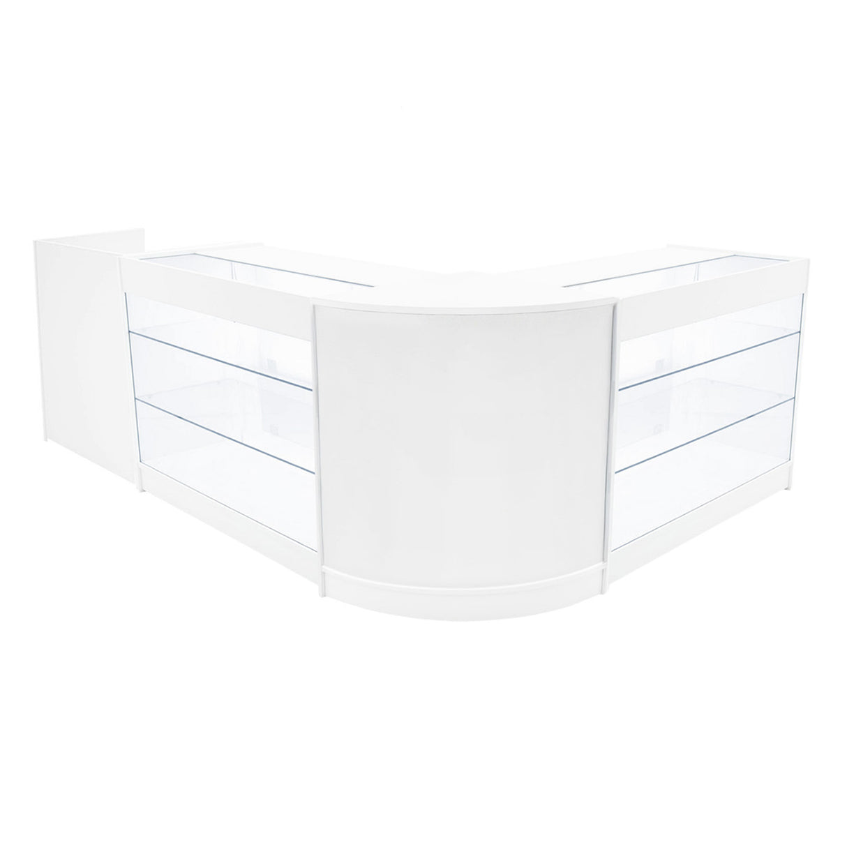 Set banconi LED Aries in bianco, design moderno con superfici lisce e trasparenti, ideale per esposizione e vendita di prodotti