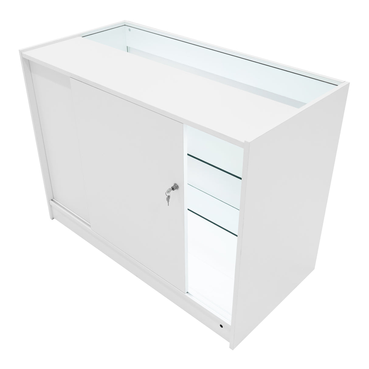 Set banconi LED bianco con ante scorrevoli, ripiani in vetro trasparente e chiave, design moderno e luminoso per esposizione prodotti