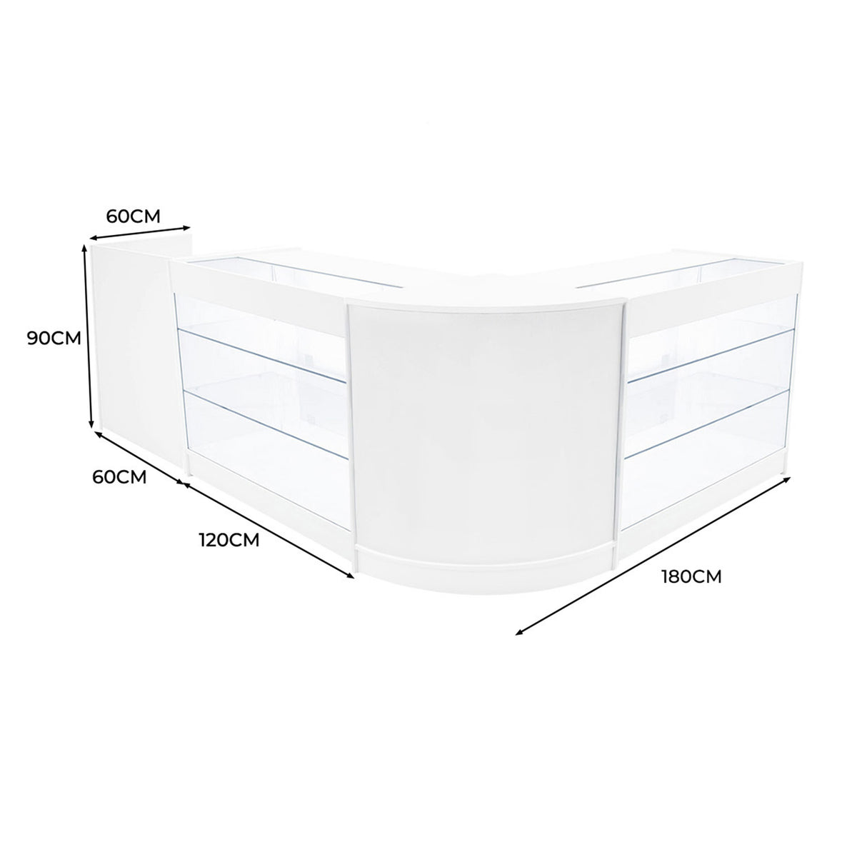 Set banconi LED Aries in bianco, design moderno con ripiani in vetro trasparente, misure 180x120x90 cm, perfetto per esposizioni