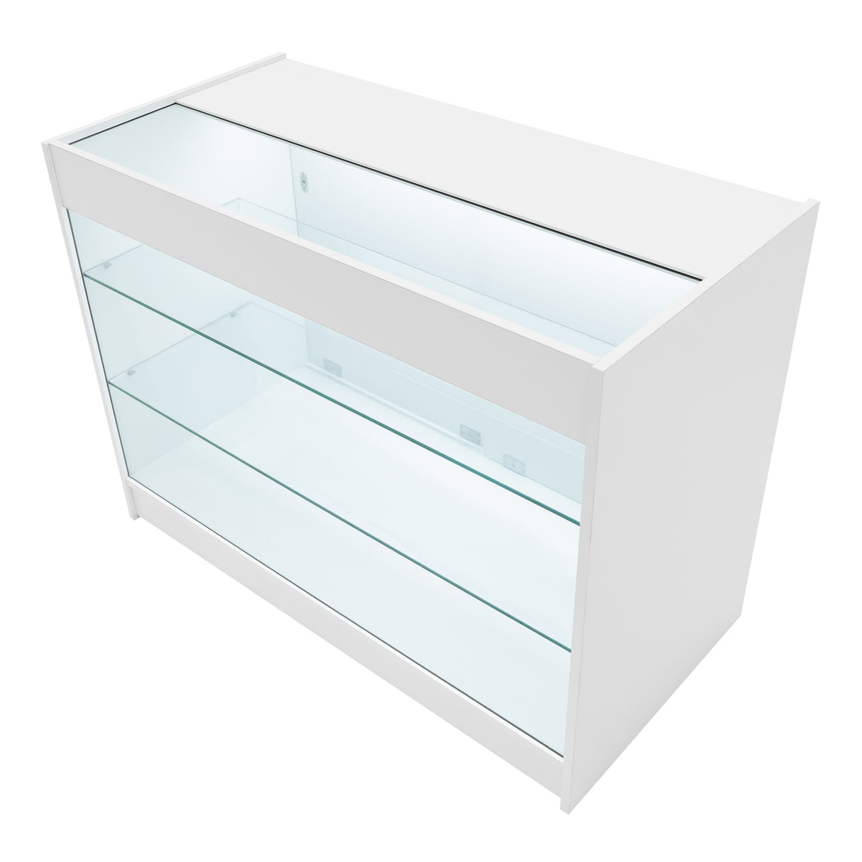 Bancone LED bianco con ripiani in vetro trasparente, design moderno e linee pulite, ideale per esposizione di prodotti