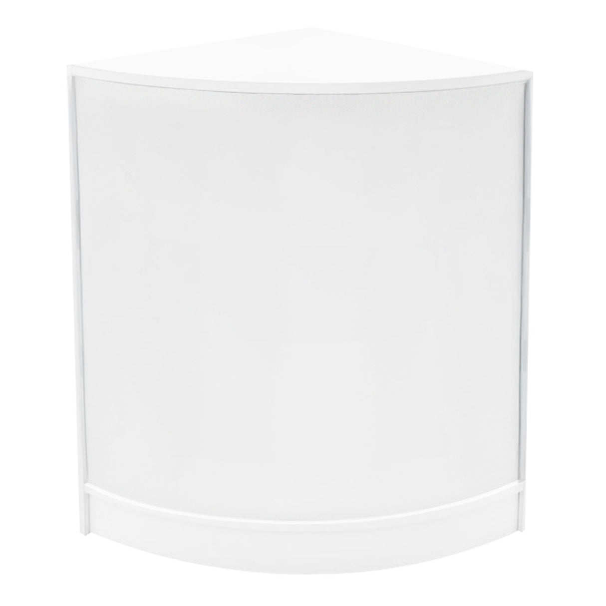 Bancone LED angolare bianco, design moderno e lucido, con superficie liscia e bordi arrotondati, ideale per spazi espositivi