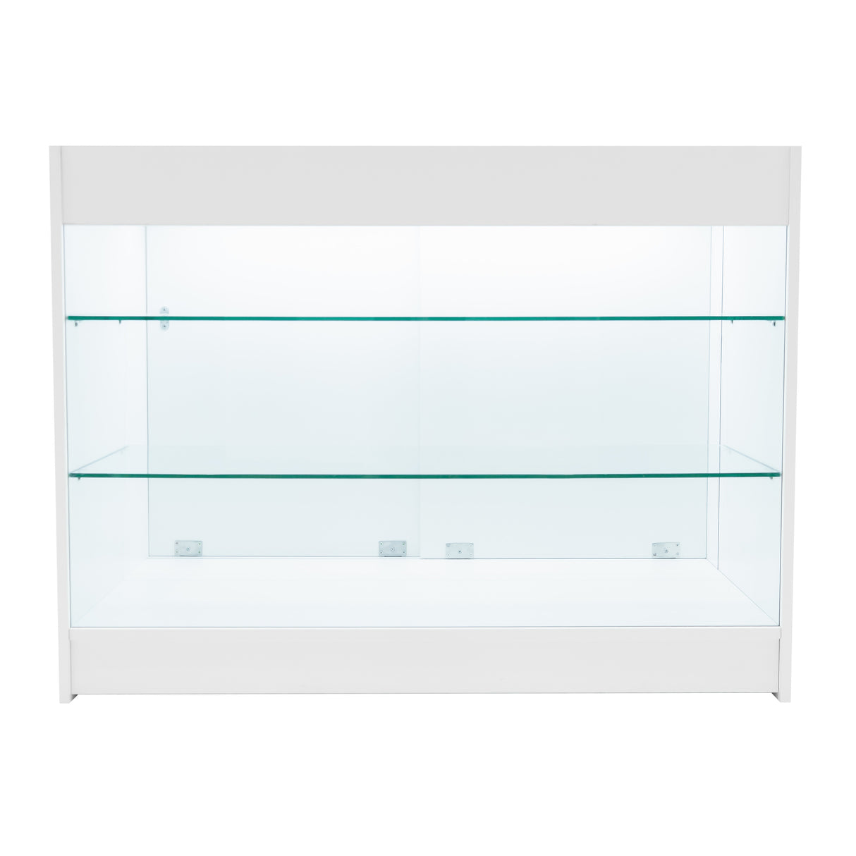 Set banconi LED Aries in bianco, con ripiani in vetro trasparente, design elegante e moderno, ideale per esposizione prodotti