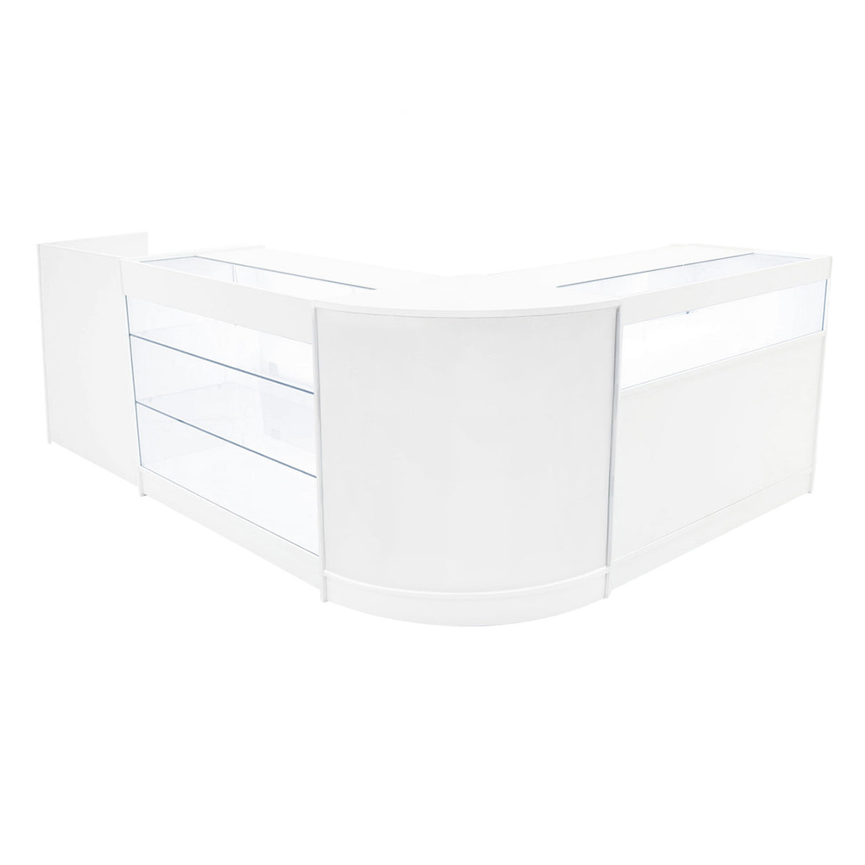 Set banconi negozio Polaris LED in bianco, design moderno con superfici lisce, ripiani trasparenti e angoli arrotondati per esposizione elegante