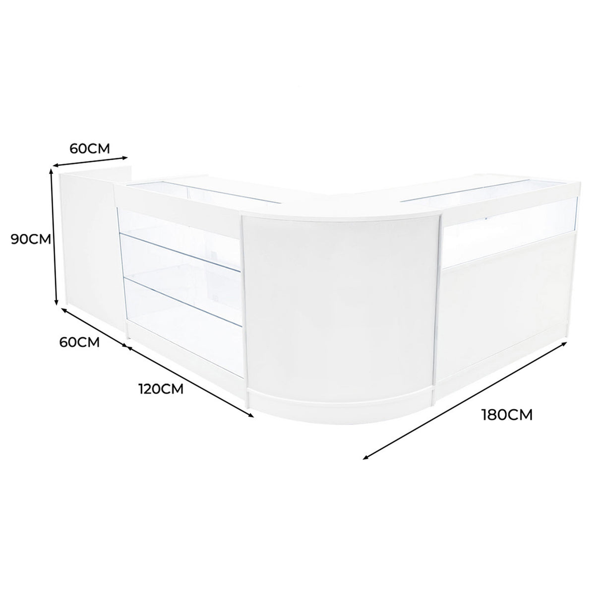 Set banconi negozio Polaris LED in bianco, design moderno con superfici lisce, misure di 180x120x90 cm, vetrine trasparenti e illuminazione integrata