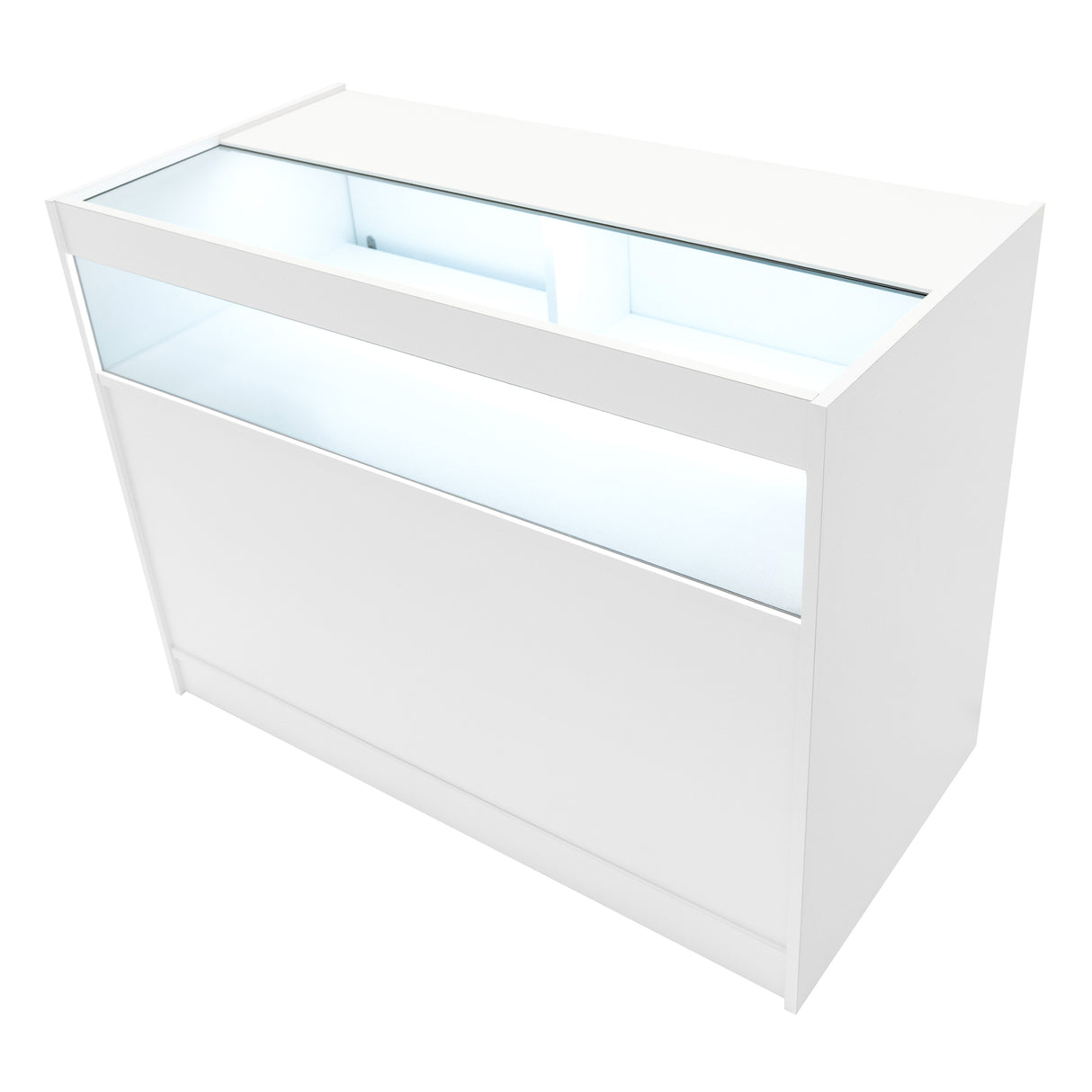 Bancone negozio Polaris LED bianco, design moderno con superficie liscia, illuminazione interna e vetrina trasparente per esposizione prodotti