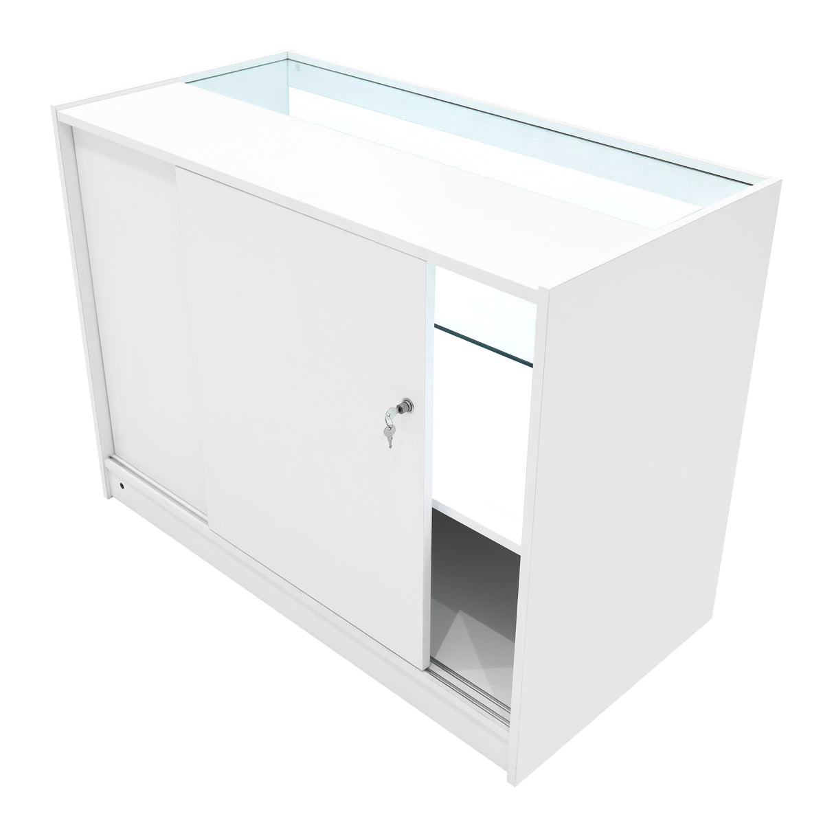 Bancone bianco con illuminazione LED, ante scorrevoli e vetro trasparente, design moderno e minimalista, ideale per esposizione