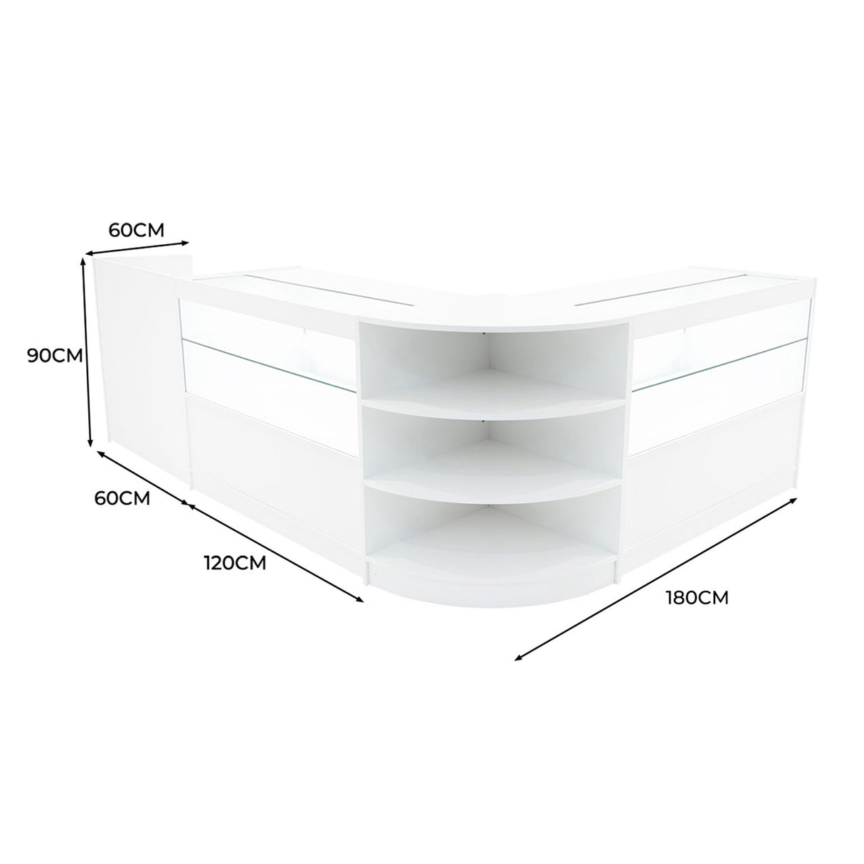 Set banconi angolari bianchi con illuminazione LED, mensole trasparenti e finiture moderne, dimensioni 180x120x90 cm