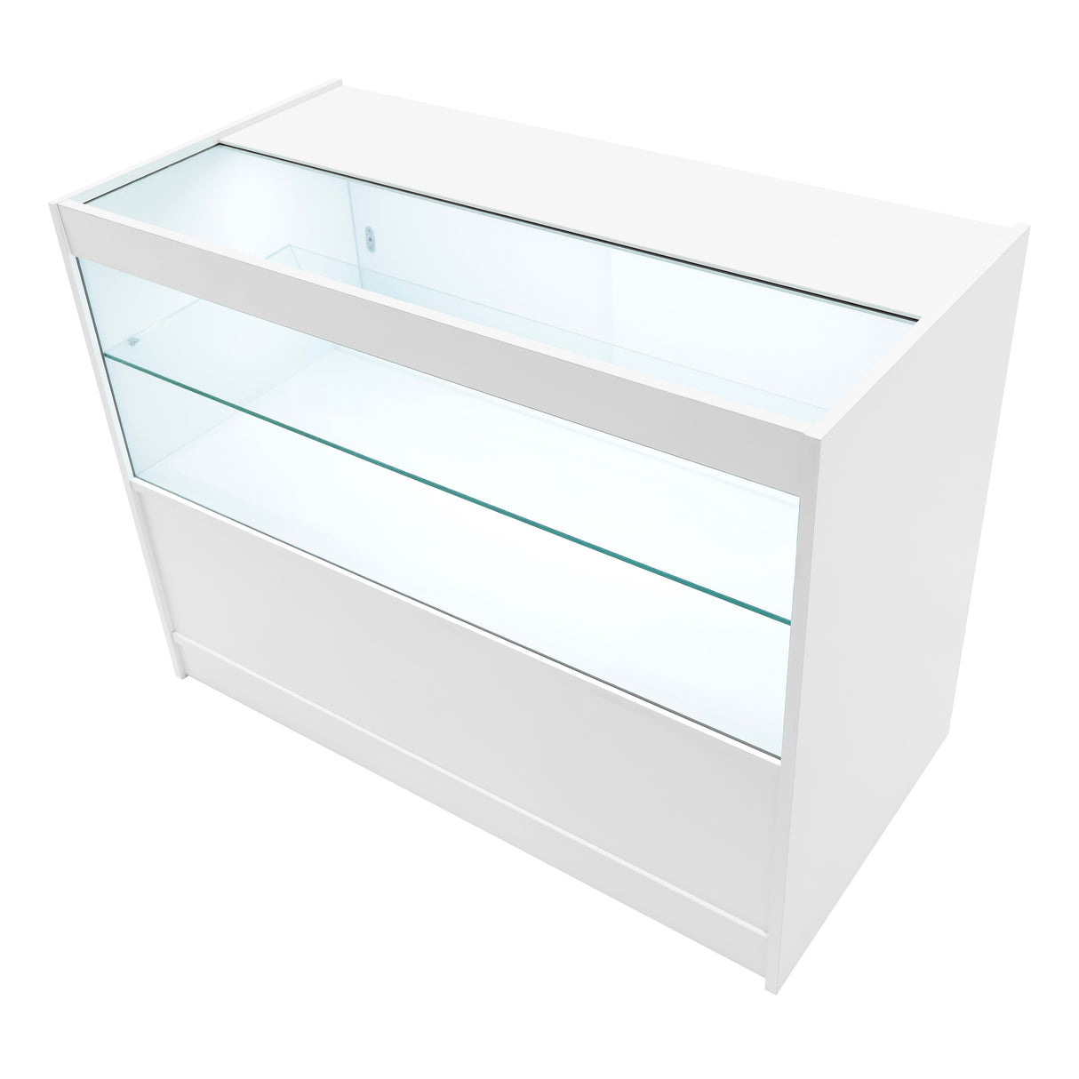 Bancone bianco con illuminazione LED, superficie liscia e trasparente, design moderno e elegante, ideale per esposizione prodotti