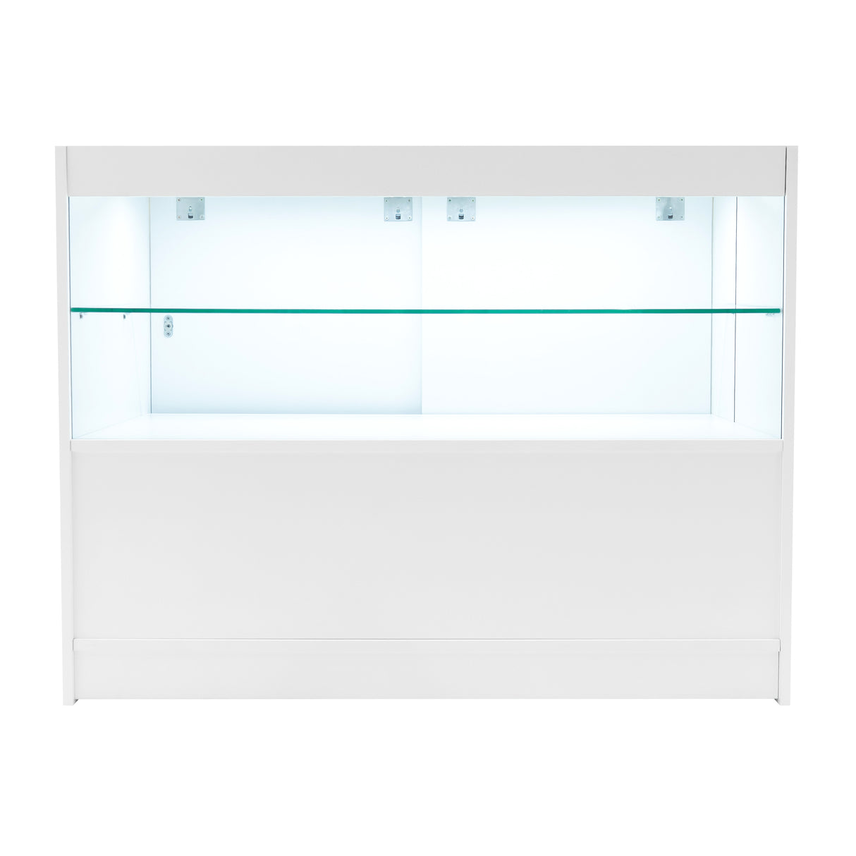Bancone bianco con illuminazione LED, superficie liscia e trasparente, design moderno e minimalista, perfetto per esposizioni eleganti
