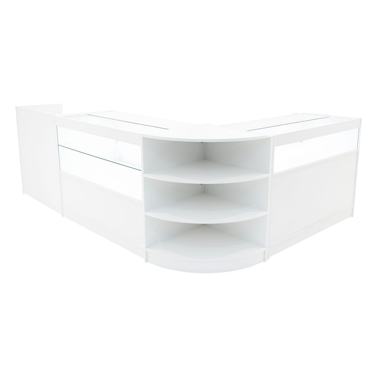 Set banconi angolari bianchi con illuminazione LED, superfici lisce e ripiani curvi, ideale per negozi e spazi espositivi